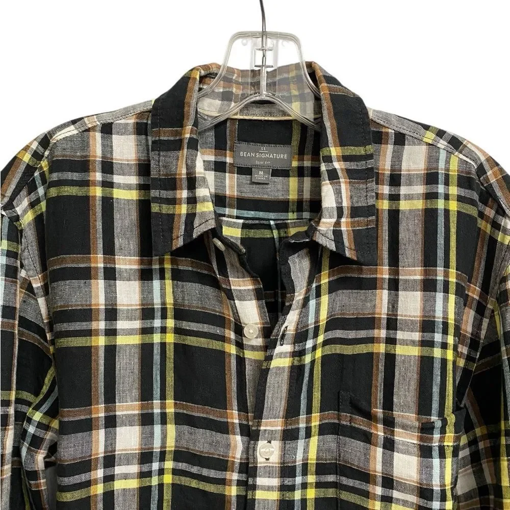 LL Bean Signature Men's Slim Fit Button Up Linen Shirt Size M Plaid Preppy